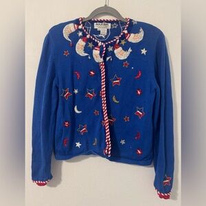 Jack B. Quick Christmas Sweater Cardigan Santa Moon Beading Red White Blue Med P